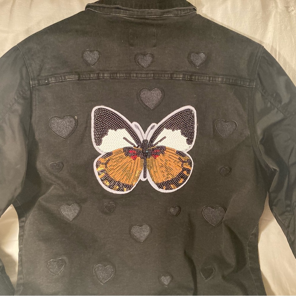 Original design on cotton denim jacket with stitched patches hearts & butterfly